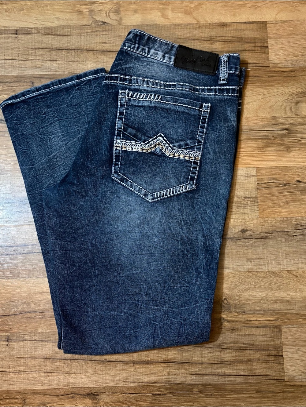TRUE luck Men's Indigo Bootcut Jeans with White Accent Stitching 38x32